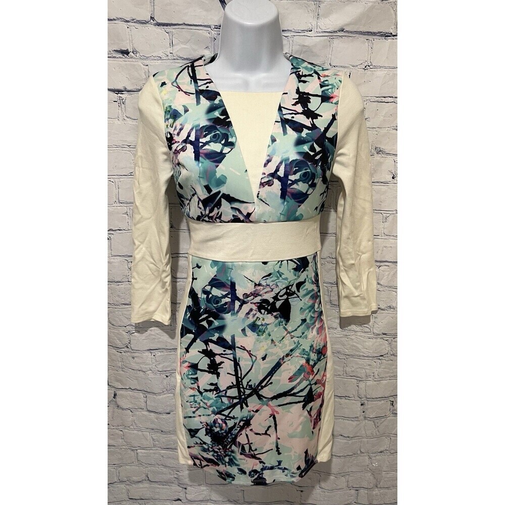 Bebe cream and multicolor fantasy floral Bodycon longsleeve dress size XS